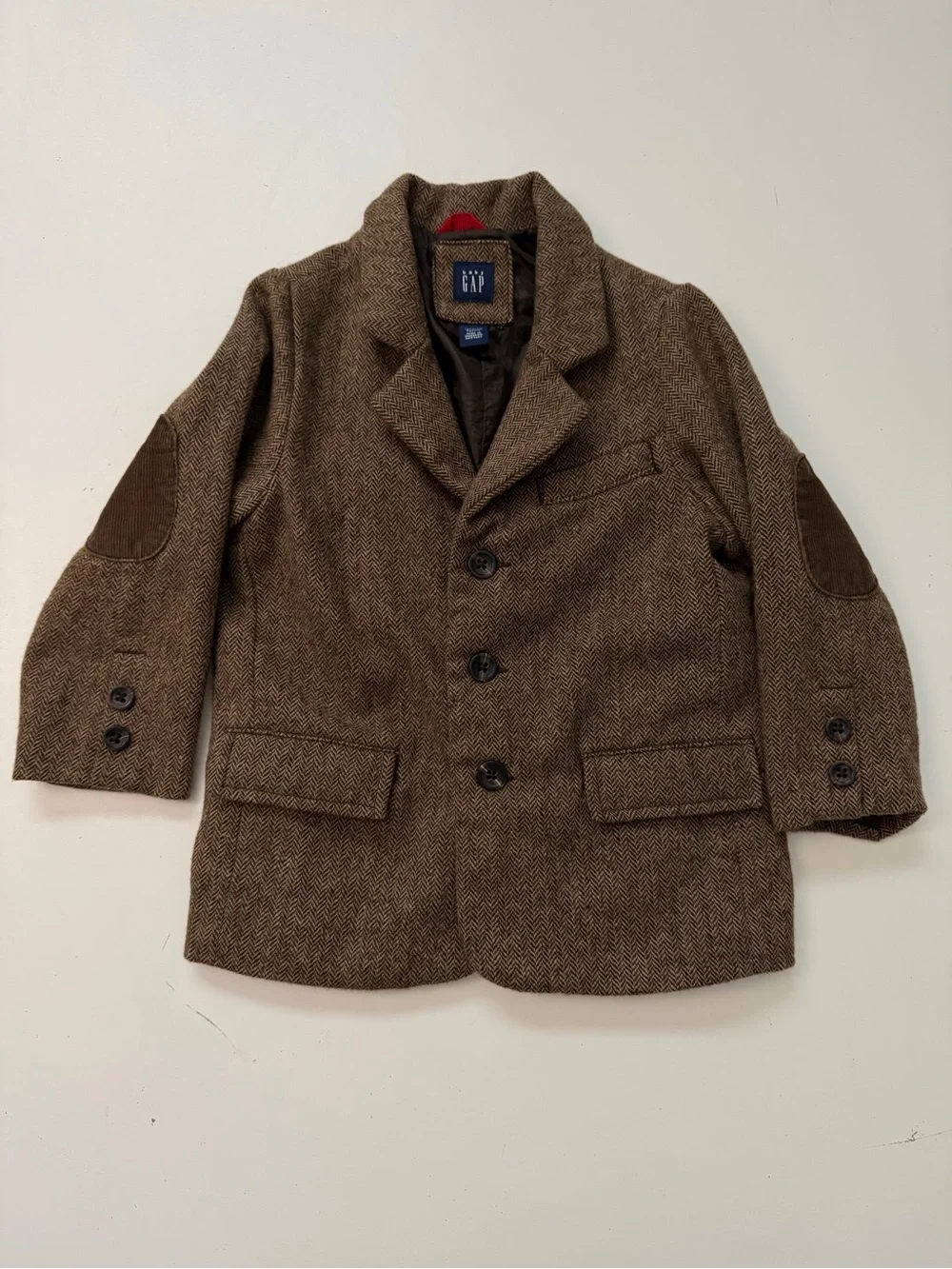 Vintage Baby Gap Trench Coat Jacket Wool Corduroy Elbow Patch Herringbone Brown